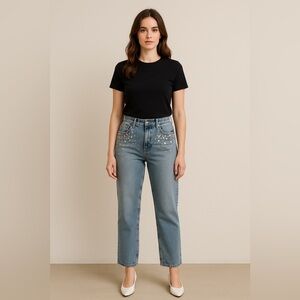 NWT Signature8 Simons Denim Jeans Mid Light Wash Chunky Rhinestones Straight S﻿
